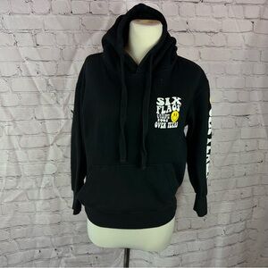 Black Hoodie with Graphic Print siz flags grunge happy face womens S
